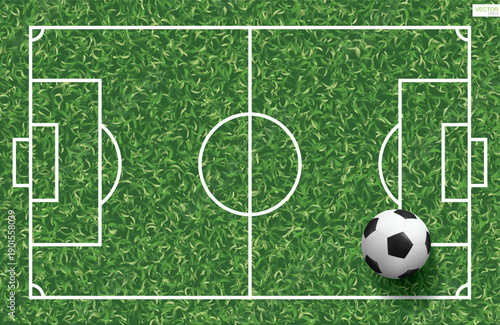 Soccer Field Top View with Football Ball on Green Grass, Vector Illustration