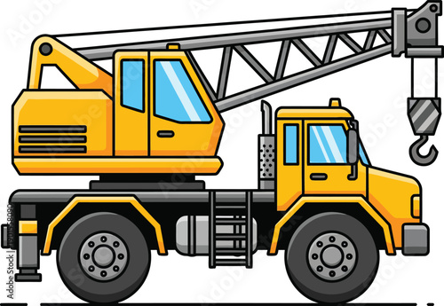 A vibrant yellow cartoon mobile crane truck with a long lattice boom and a large lifting hook.