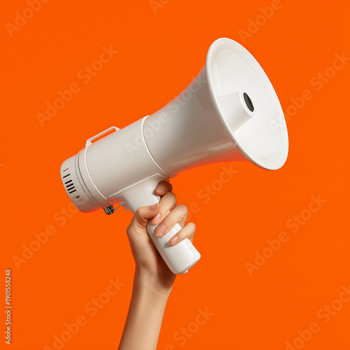 Hand holding a white megaphone against a vibrant orange background, emphasizing communication and announcement in a bold visual setting