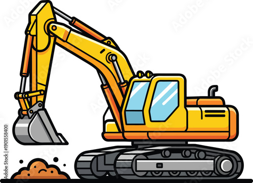 Bold outline cartoon of a yellow hydraulic excavator digging soil on caterpillar tracks.