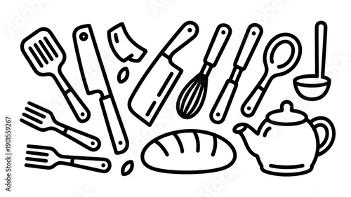 A collection of kitchen utensils and tools for cooking and baking