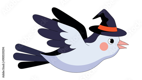 A cartoon bird wearing a witch hat flies through the air with a playful expression on its face.