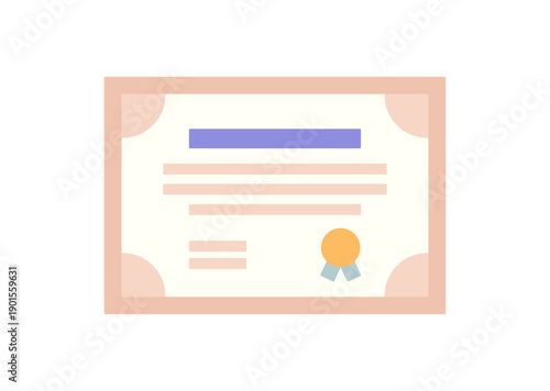 Certificate with decorative border and ribbon badge, minimal award or diploma document representing achievement, approval, authorization and official recognition, flat vector illustration.