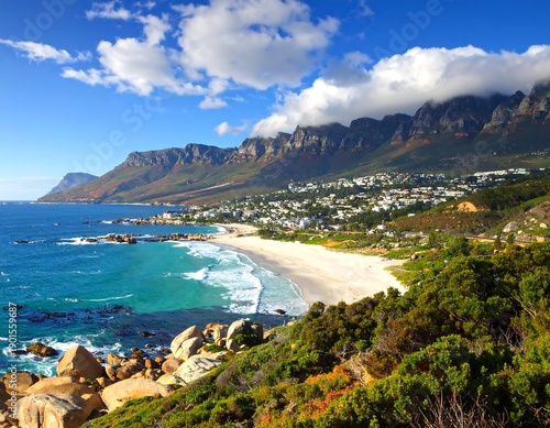 A vibrant coastal scene presents a sandy beach framed by lush greenery, azure water, and majestic mountains under a bright, cloud-filled sky