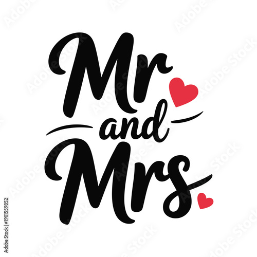 A romantic illustration of Mr and Mrs with hearts on a white background