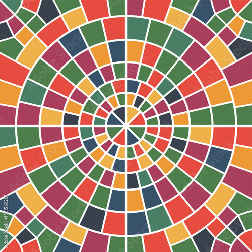 A vibrant mosaic artwork featuring a colorful spiral pattern made of small squares in various hues and white grout lines.