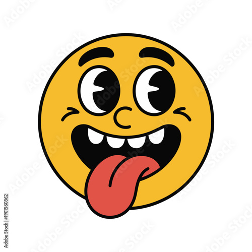 A cartoon emoji with a goofy expression and tongue out on a white background