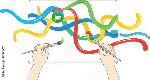 Hands Painting with Brushes and Swirling Colors.
