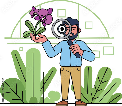 Man Examining Purple Flower with Magnifying Glass.