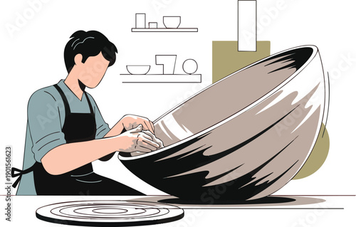 Potter shaping clay on pottery wheel.