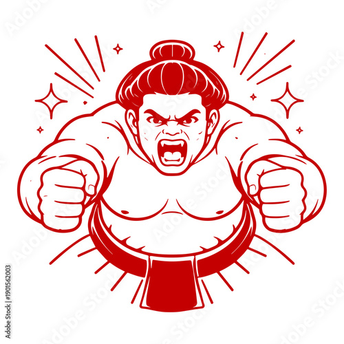 Angry Sumo Wrestler Japanese Illustration Red Line Art Powerful Traditional Fighter Mascot for T Shirt Design Tattoos Streetwear Branding