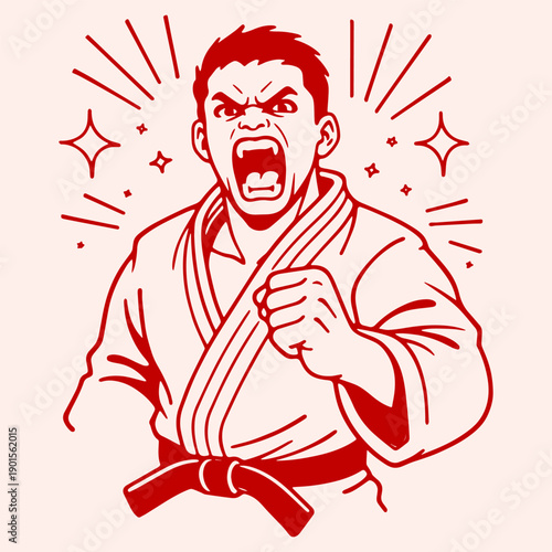 Angry Japanese Martial Artist Fighter Illustration Red Line Art Karate Judo Warrior Character for T Shirt Design Tattoos Streetwear Branding
