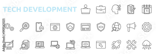Tech Development icon outline style with configuration, Laptop, program, startup, maintenance, computing icons
