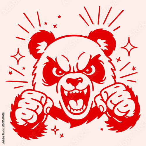 Angry Panda Mascot Illustration Red Line Art Japanese Style Fierce Animal Character for T Shirt Design Tattoos Streetwear Branding