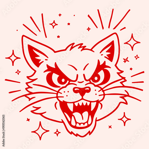 Angry Cat Mascot Illustration Red Line Art Japanese Style Fierce Kitty Character for T Shirt Design Tattoos Streetwear Branding