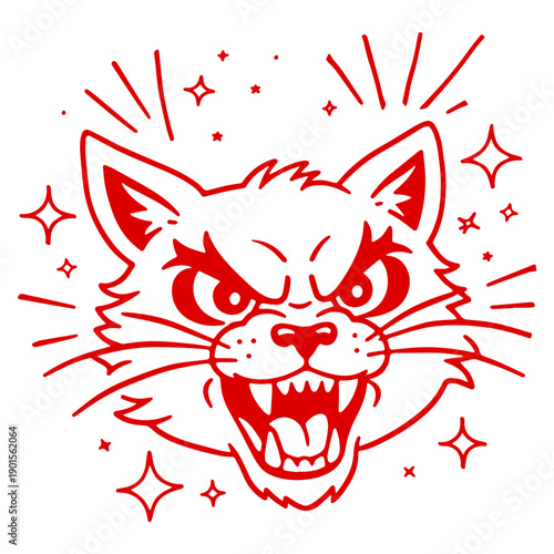 Angry Cat Mascot Illustration Red Line Art Japanese Style Fierce Kitty Character for T Shirt Design Tattoos Streetwear Branding