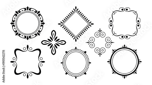 A collection of black and white ornate frames and borders on a white background