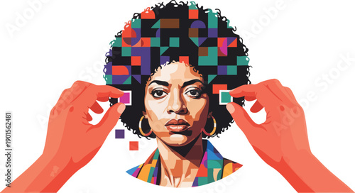 Woman with colorful pixelated hair being adjusted.