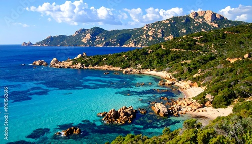 A vibrant coastal scene presents a turquoise sea meeting sandy beaches and rocky outcrops under a blue sky, mountains in the distance