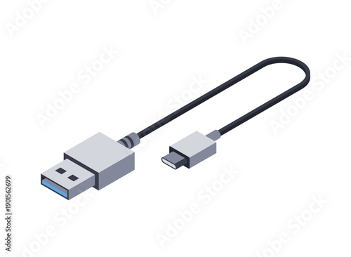 USB Type C cable, connector. Vector isometric illustration, isolated object. Digital gadget for connection. Data sync cable