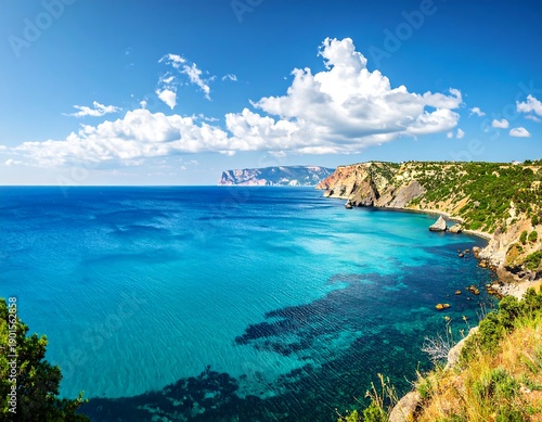 A vibrant coastal scene presents clear turquoise waters meeting the deep blue ocean beneath a bright sky dotted with puffy white clouds, next to a cliff
