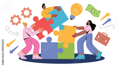 A diverse group of people working together to solve a puzzle with business and financial symbols surrounding them.