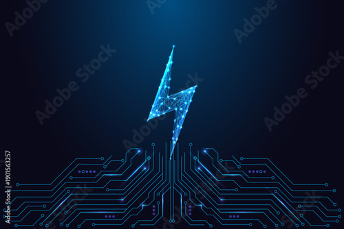Electric Lightning Bolt above circuit board. Energy Power Tech Symbol, Blue Neon Vector Illustration