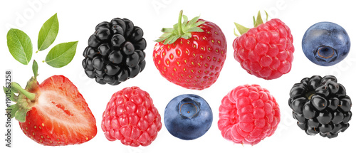 Fresh berries isolated on white. Set of strawberries, raspberries, blueberries and blackberries