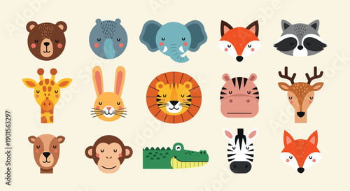 Collection of various cartoon animal faces and heads.
