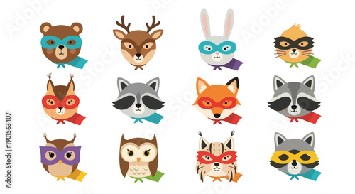 Collection of twelve cartoon animal heads dressed as superheroes.