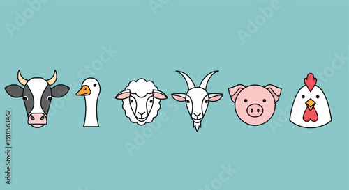 Cute cartoon farm animal heads in a row, including cow, duck, sheep, goat, pig, and chicken.