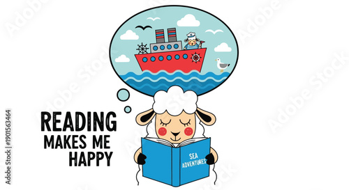 Cute Sheep Reading Book Imagining a Ship on the Ocean.