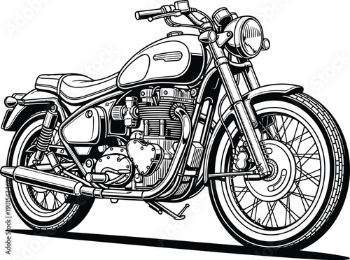 Classic vintage motorcycle with spoked wheels in a detailed black and white line art illustration.