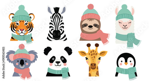 Adorable collection of cartoon animals wearing winter hats and scarves.