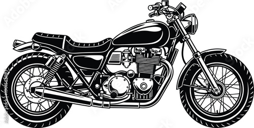 Detailed black and white illustration of a classic retro motorcycle in a side profile view.