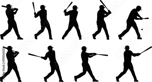 Baseball Player Silhouettes Batting Sequence, Black Vector Silhouette of Hitter Swinging Bat