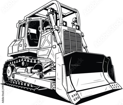 Detailed black and white line art illustration of a heavy construction bulldozer with a large front blade and caterpillar tracks.