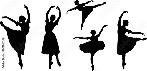 Ballerina Silhouettes Vector Set, Graceful Ballet Dancers in Artistic Poses Flat Illustration