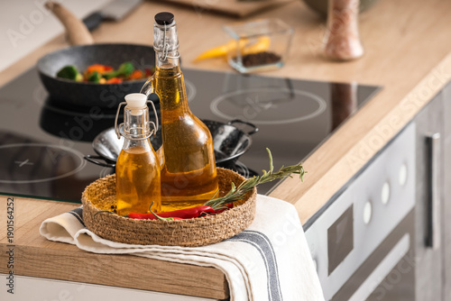 Bottles of sunflower oil wi...