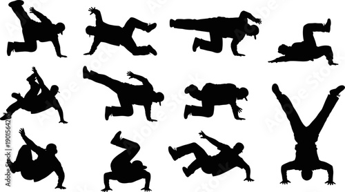 Breakdancing Silhouette Set, Urban Street Dance Vector Illustration, Hip Hop Dancers Flat Graphic