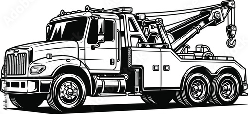 Detailed black and white line art illustration of a heavyduty wrecker tow truck with a large crane.
