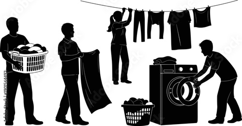 Diverse People Doing Laundry at Home, Flat Vector Illustration of Characters Washing and Drying Clothes