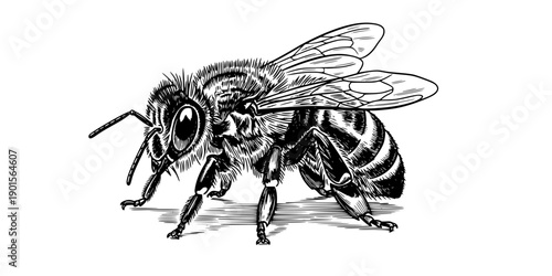 Detailed black and white illustration of a bee standing on a surface isolated on white background

