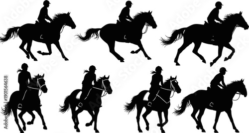 Horse Riding Silhouette Set, Equestrian Sport Vector Illustrations, Horse and Rider Flat Design
