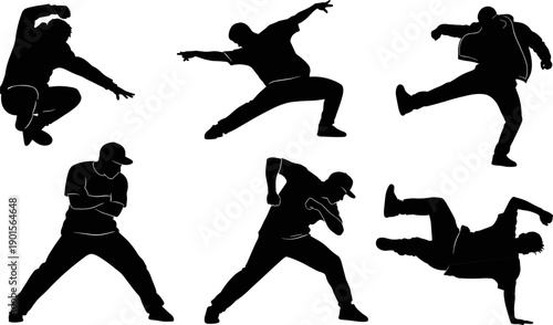 Hip Hop Dancer Silhouette Set, Urban Street Breakdance Poses Flat Vector Illustration