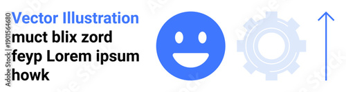 Technology, positivity, progress, innovation, design concepts, forward movement. Blue happy face, gear and upward arrow. Technology and progress concepts
