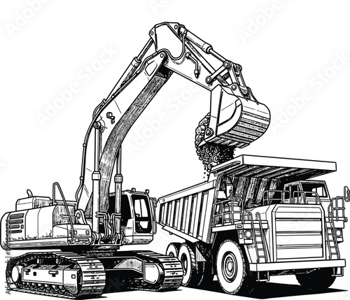 Detailed black and white line art of a tracked excavator loading a large heavyduty mining dump truck with soil.