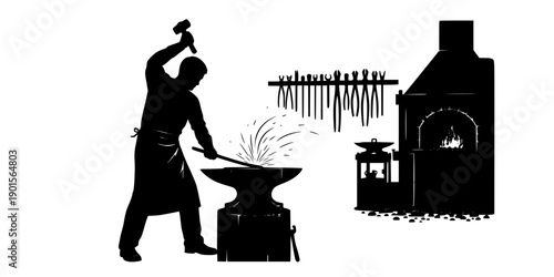 Blacksmith working at an anvil with hammer and hot metal sparks in a traditional forge workshop scene, vector silhouette isolated on white background
