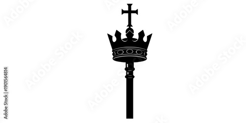 Black silhouette of a scepter with crown and cross isolated on white background
