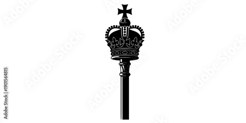 Black silhouette of a scepter with crown and cross isolated on white background
